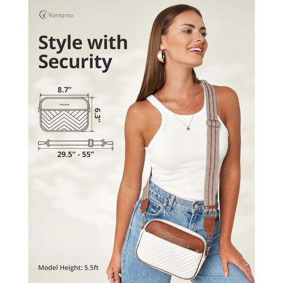 White & Brown Quilted Crossbody Bag for Women with RFID, Anti-Pickpocket Clip, A - Picture 2 of 6